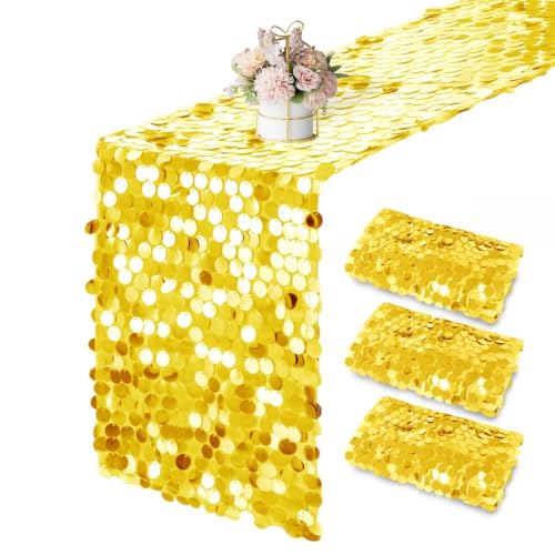 Golden Yellow Sequin Table Runner Set - 3 Pack 12 x 108 Inch for Wedding Party