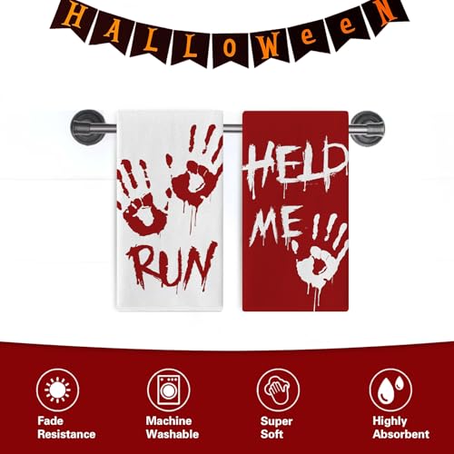 Halloween Bloody Hand Prints Kitchen Dish Towels Set of 2 - Run