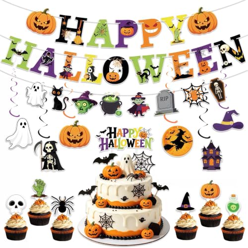 Halloween Party Decorations Set with Banners, Hanging Swirls, and Cake Toppers