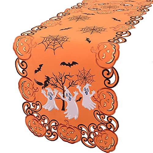Halloween Table Runner Spooky Ghosts Bats Web Embroidered Decor 14x54 Inches - Simhomsen