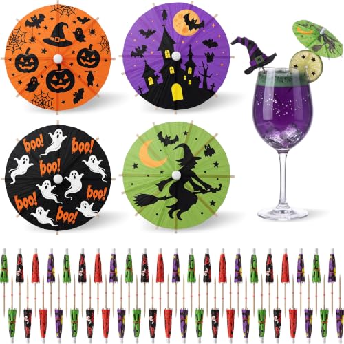 Halloween Cocktail Umbrellas Set - 100 Pcs Bat & Witch Design, 4 Inch Party Picks