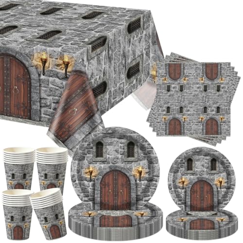 Medieval Party Dinner Plates Cups Napkins Tableware Set for 20 - Castle Stone Wall Decor