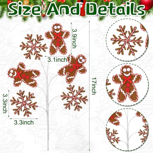 Gingerbread Man Christmas Tree Picks Set - Holiday Snowflake Felt Ornaments, 17 Inch Xmas Decor