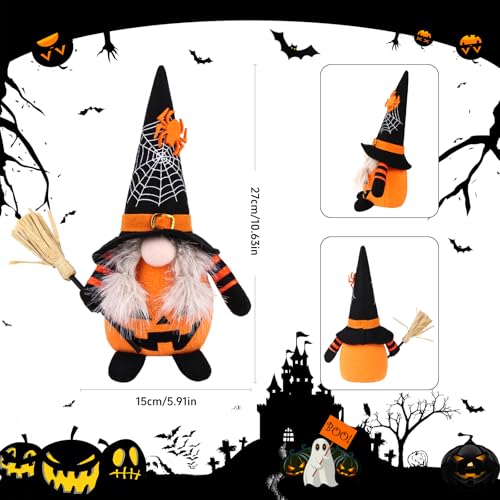 Halloween Gnome Decorations - 2 Plush Scandinavian Elf Ornaments, Handcrafted Pumpkin Bat Design, Variation of THIS listing
