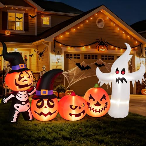8FT Halloween Inflatable Pumpkin Skeleton Ghost Combo - Yard Decor with Lights - Partyotu