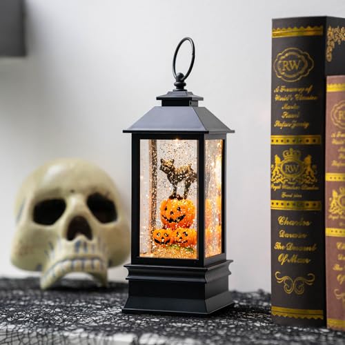 Halloween Snow Globe Lantern with Witch's Black Cat in Pumpkins - Spooky Music & Glitter, USB/Battery Operated - 10 Inch - Variation: Black Cat in Pumpkins