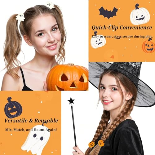Halloween Tiny Claw Hair Clips Set - Pumpkin, Ghost, Bat & Spider Web Designs - Black, White, Orange, Grey