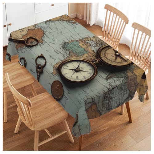 Ancient World Map Tablecloth 52x70 Inch Rectangular Retro Kitchen Cover for Dining & Parties - Bronze Coin & Skeleton Key Design