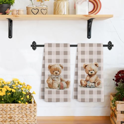 Checkered Rustic Bear Nursery Kitchen Towels Set of 2 - Neutral Baby Hand Towels