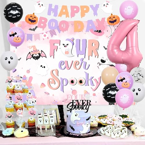 Halloween 4th Birthday Decorations Kit for Girls Pink and Purple Ghost Balloons Banner Cake Topper