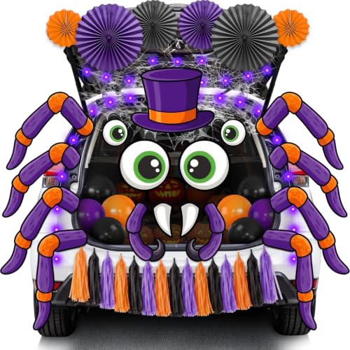 Halloween Car Decorations Kit with Spider Web Lights and Accessories for Trunk Display