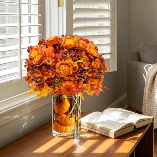 Artificial Fall Flowers with Pumpkins - Orange 3-Pack Fall Decorations for Table