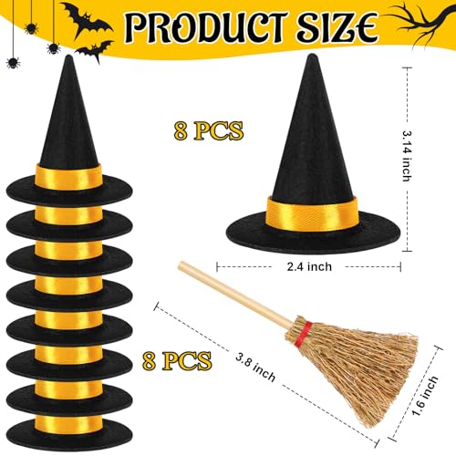16Pcs Mini Witch Hat Set with Small Brooms for Halloween Party Crafts