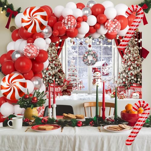 Red Christmas Balloon Arch Kit with Snow & Candy Cane Balloons & Backdrop