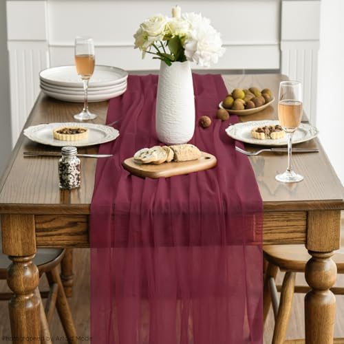 10PCS Burgundy Gauze Table Runner Set - 59 x 120 Inch, Wedding & Holiday Decor