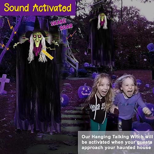 59-Inch Voice Activated Animated Witch Halloween Decoration with Glowing Eyes & Sound Effects
