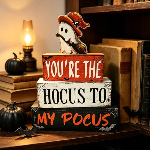 Halloween Wooden Tiered Block Decor Set - Spooky Ghost Witch & Puns for Indoor Party