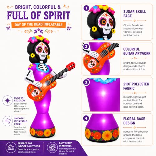 Halloween Inflatable Sugar Skull with Guitar - 6 FT Day of the Dead Decor with LED Lights, Yard & Lawn Decorations - Variation: Guitar Sugar Skull