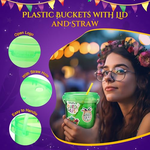 18 Pack 32 oz Mardi Gras Plastic Drink Buckets with Lids & Straws for Parties