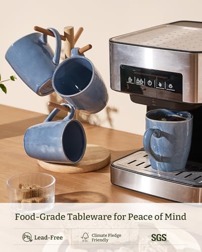 Aurora Blue Coffee Mug Set of 8 - 14oz Stoneware Cups with Handle, Elegant Glaze