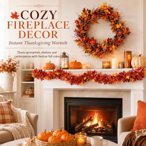 Rainflow 5 Pack Fall Maple Leaves Garland - Orange Red Thanksgiving Tinsel