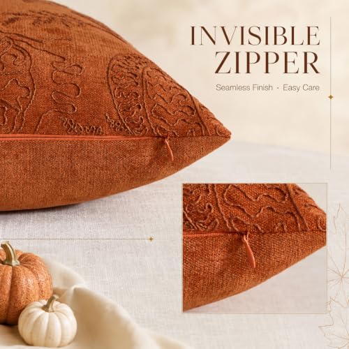 Pumpkin Embroidered Fall Pillow Covers 12x20 Inch Orange Chenille Pack of 2