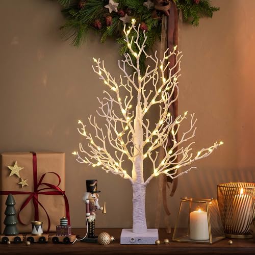 24in Lighted Willow Tree Bonsai with 70 Mini LED Lights - White Artificial Tree for Home & Holiday Decor