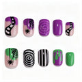 Halloween Press On Nails Set - Style 925 Short Square Purple Green Spider Web & Drip Designs, 24 Pcs