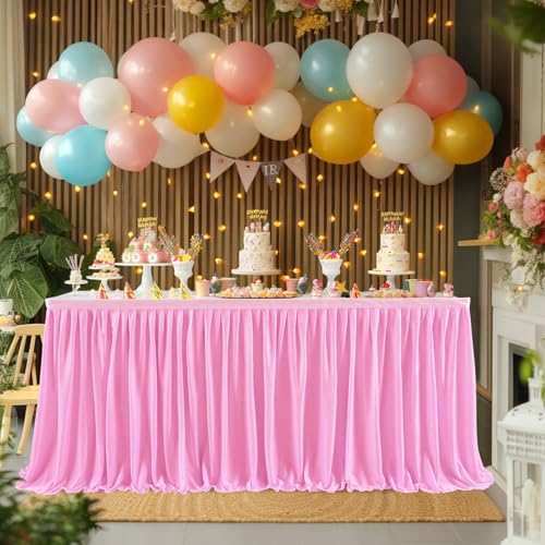 Pink 17ft Ruffle Table Skirt for Rectangular Tables Wedding Party Banquets - Pink / 203" x 30"