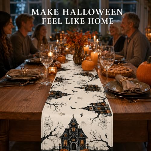 Haunted Castle Halloween Table Runner 13x72in for Home Decor - Orange Pumpkins & Ghosts