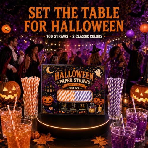 Halloween Paper Straws - Orange & Purple Stripe Party Set - 100 Pieces