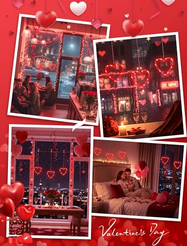 Valentine's Day Window Lights - Red Heart Silhouette LED String with Timer - Hearts Variation