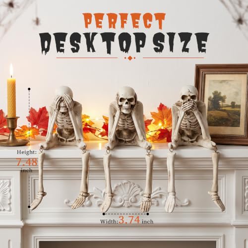 Halloween Skeleton Decor 3-Piece Resin Skeleton Figurines Set - See No Evil, Hear No Evil, Speak No Evil Variation