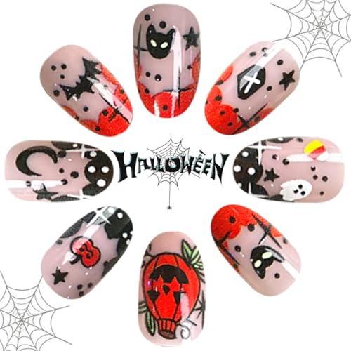 Halloween Design 04 Short Press-On Nails with Glitter Gothic Pumpkin Bat Ghost Tips - DIY Manicure