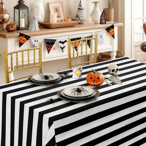 Black and White Striped Waterproof Tablecloth 57x120 Inch for Rectangular & Round Tables - Fanqisi
