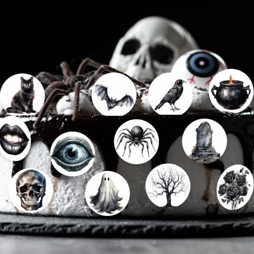 Gothic Halloween Edible Cupcake Toppers 36PCS - Black Cat Bat Castle Design D- Gothic