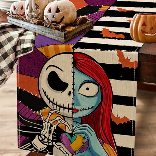 Halloween Table Runner 13x72 Inch Jack Skeleton Bat Stripe Decor - Black White