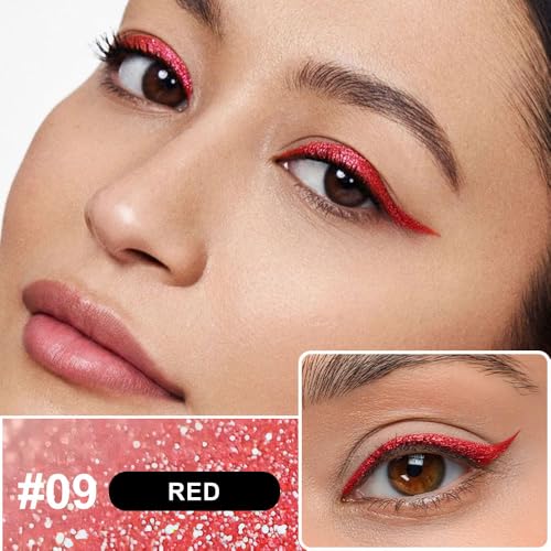 Liquid Eyeliner Pen - Red Glitter Shimmer Waterproof Eye Makeup - Pack of 1 - Variation 09#