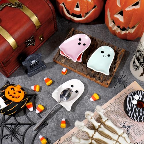 Halloween Ghost Ceramic Spoon Rests Set - White Pink Purple Blue, 4 Pcs Mini Coffee Spoon Holders with Expressions