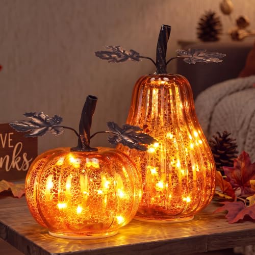 Lighted Glass Pumpkin Decor - Set of 2 Mercury Glass Autumn Halloween Thanksgiving Oranges