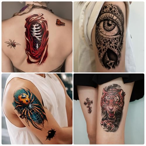 3D Realistic Temporary Tattoos Set for Adults & Kids - Skull, Lion, Tiger, Wolf, Dragon, Spider, Snake, Halloween & Party Designs - Variation: 3D