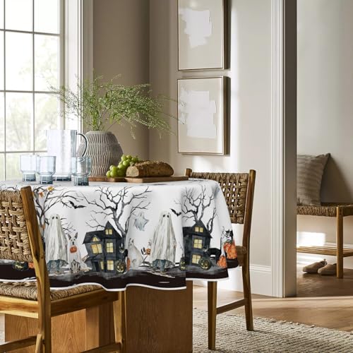 Halloween Tablecloth 70x70 Inch Round Jack-O-Lantern Pumpkin Black and Orange