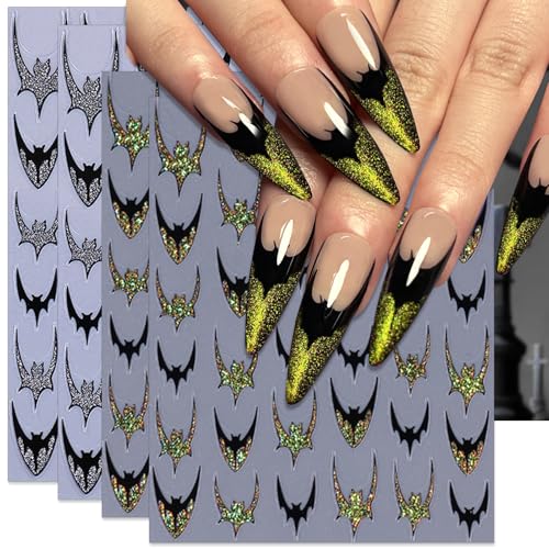 Halloween Bat Nail Stickers Glitter Gold & Silver French Tips - Mix - 4 Sheets