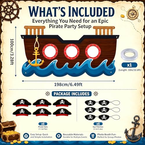 Pirate Party Decorations Kit with Large Ship Backdrop, Hats & Props for Birthday Halloween Events