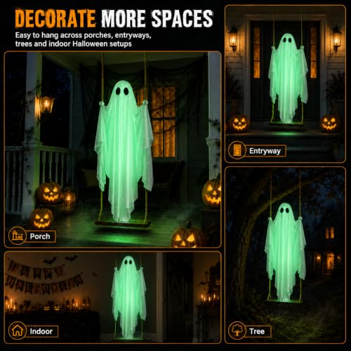 Green Lighted Hanging Ghost Decor with Remote Control - 5FT Outdoor Halloween Spirit