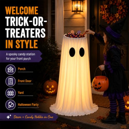 Large White Ghost Candy Bowl Halloween Decoration with Lighted Remote Control for Porch Yard