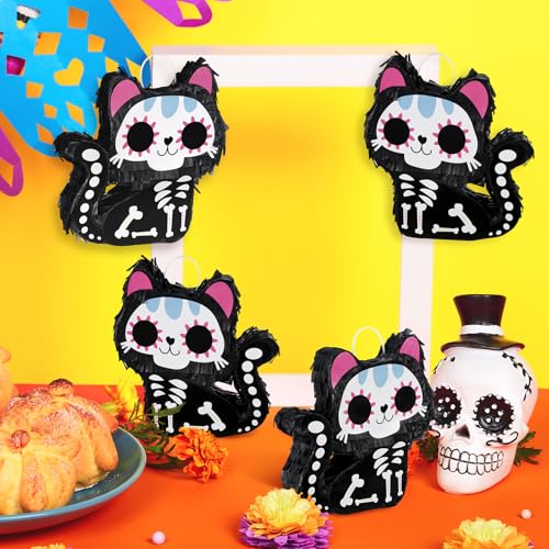 Mini Day of The Dead Skeleton Cat Piñata Set - Black Cats, 8 Pack, Party Decorations