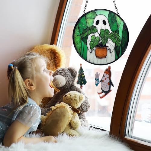 Halloween Ghost Stained Glass Sun Catcher - Indoor Window Wall Decor, 7.9 Inch