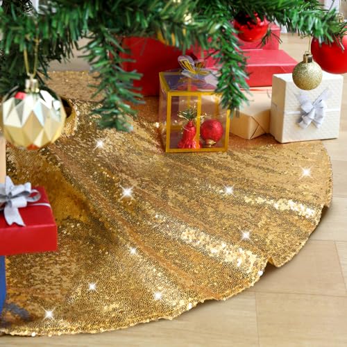 Shiny Gold 48 Inch Sequin Christmas Tree Skirt for 6ft-8ft Trees - Glitter Holiday Decor