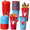 24 Pack Halloween Spider Web Plastic Party Cups with Lids - Reusable Kids Birthday Favors